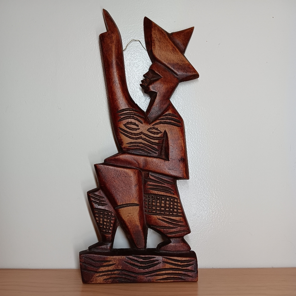 Vintage Hand Carved Wooden Figures Haiti Wall‎ Hanging Man with Drum 1950